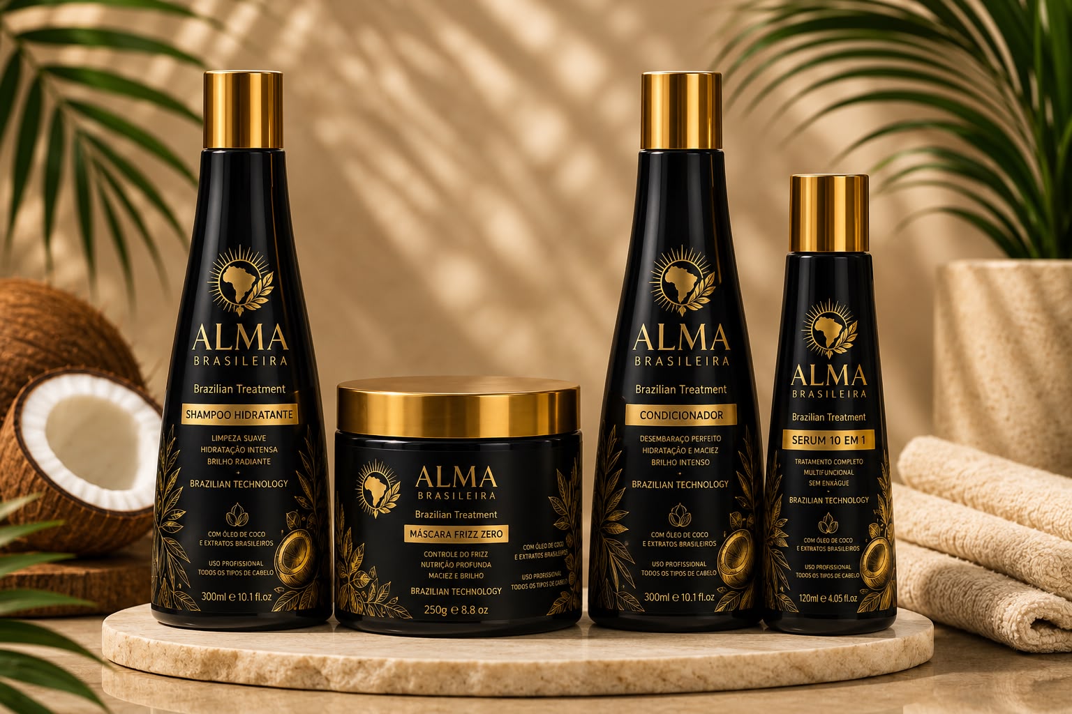 Alma Brasileira Home Care line — Hydrating Shampoo, Frizz Zero Mask, Nourishing Conditioner and 10-in-1 Serum
